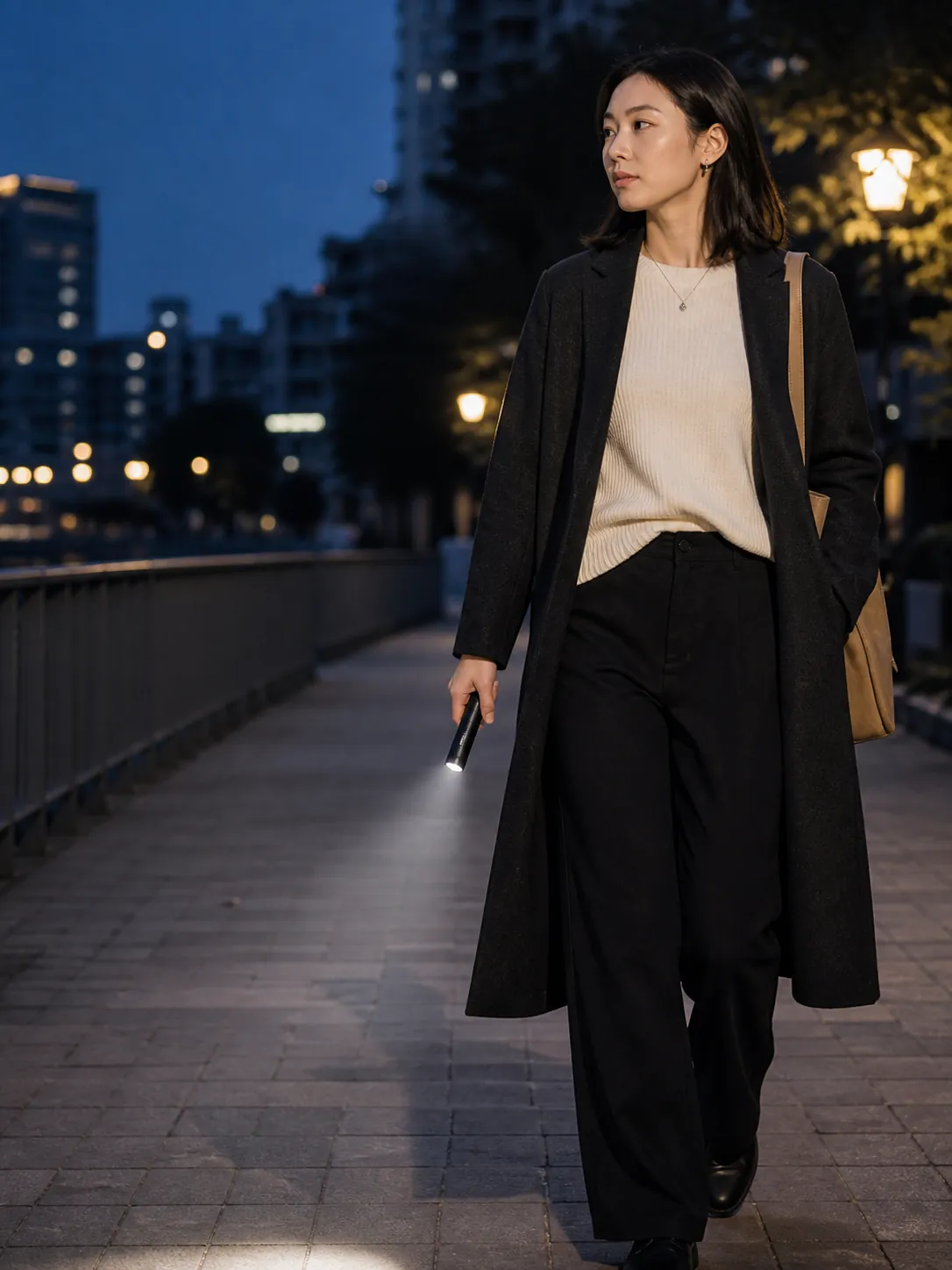 女性在夜间通勤时使用便携照明设备